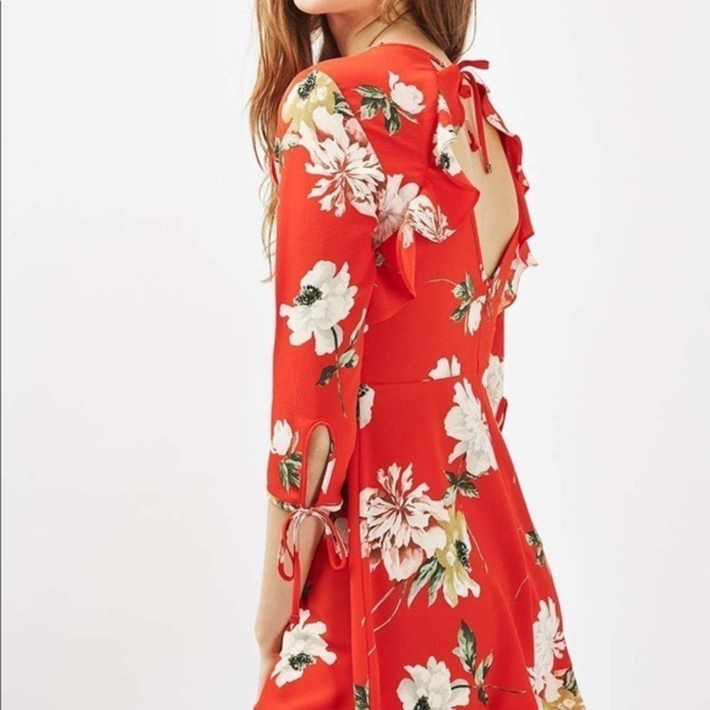 Topshop Red Floral 3/4 Sleeve Mini Dress size 8 - Picture 2 of 6